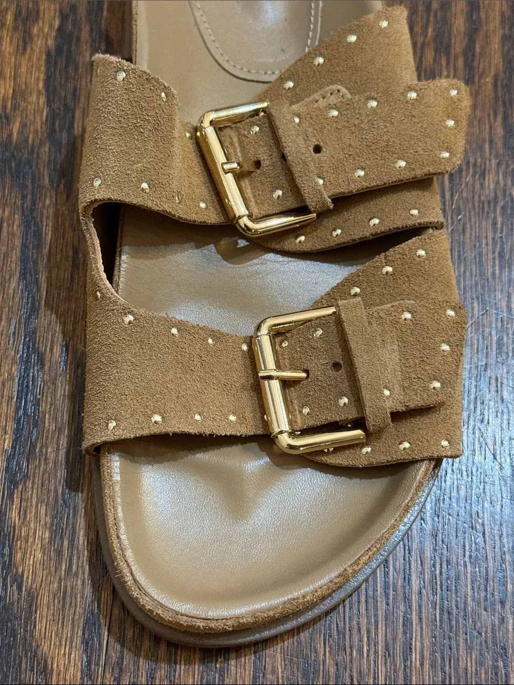Zara Tan Suede Double Buckle Slide Sandals with Gold Hardware - Picture 3 of 10
